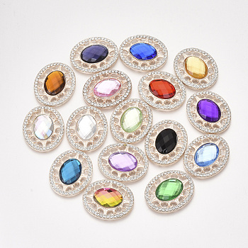 Alloy Cabochons, with Acrylic Rhinestone and Glass Rhinestone, Faceted, Oval, Light Gold, Mixed Color, 32x26.5x6mm