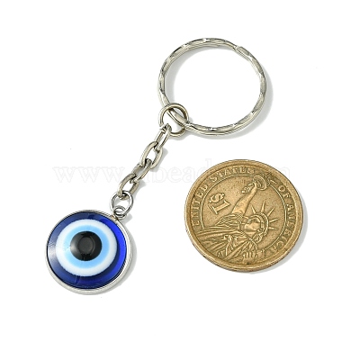 Flat Round with Evil Eye Resin & 304 Stainless Steel Pendant Keychain(KEYC-JKC00645)-2