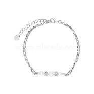 Rhodium Plated 925 Sterling Silver Imitation Pearl Beads Link Bracelets, Cable Chains Bracelets for Women, Platinum, 6-3/4 inch(17cm)(ZE3556)