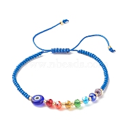 Flat Round Evil Eye Lampwork Braided Bead Bracelet, Glass Seed Beads Adjustable Bracelet for Women, Dodger Blue, Inner Diameter: 2-3/8~4-1/8 inch(5.9~10.4cm)(BJEW-JB07234-05)