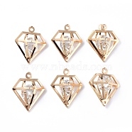 Rack Plating Light Gold Iron Pendants, with Clear Glass Rhinestone, Diamond Charm, Clear, 31x26x11mm, Hole: 2mm(IFIN-L039-11KCG)