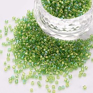 Glass Cylinder Beads, Seed Beads, Transparent Colours Rainbow, Round Hole, Yellow Green, 1.5~2x1~2mm, Hole: 0.8mm, about 8000pcs/bag, about 1pound/bag(SEED-S047-J-005)