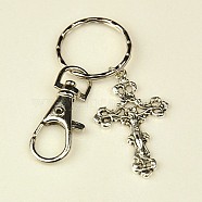Tibetan Style Crucifix Cross Keychain, with Iron Key Clasp Findings and Alloy Swivel Clasps, For Easter, Antique Silver, 100mm(KEYC-JKC0009-13)