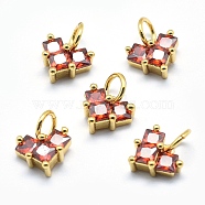 Brass Charms, with Cubic Zirconia, Cadmium Free & Nickel Free & Lead Free, Heart, Red, Real 18K Gold Plated, 7x8x4mm, Hole: 3mm(ZIRC-J040-29G-01-NR)