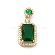 Brass Micro Pave Clear Cubic Zirconia Pendants, with Faceted Glass, Rectangle, Real 18K Gold Plated, Dark Green, 27mm, Hole: 4.5x2.5mm(KK-I695-007A)