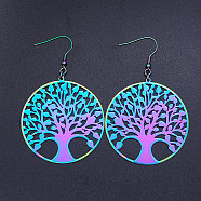 201 Stainless Steel Dangle Earrings, Tree of Life, Rainbow Color, 71x45mm, Pin: 0.7mm(STAS-S105-JN418)
