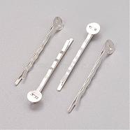 Silver Color Plated Iron Hair Bobby Pin Findings, Size: about 2mm wide, 52mm long, 2mm thick, Tray: 8mm in diameter, 0.5mm thick(X-PHAR-Q017-S1)