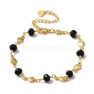 Brass Heart Link Chain Bracelets, with Black Facetd Glass Beads, Light Gold, 10-1/4 inch(26cm)(BJEW-L685-06KCG)