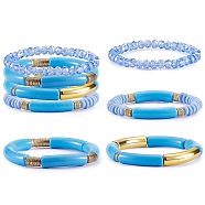 4Pcs 4 Style Acrylic Chunky Curved Tube Stretch Bracelet Sets, Polymer Clay & Glass Beads Stackable Bracelets for Women, Dodger Blue, Inner Diameter: 2-1/8 inch(5.3cm), 1Pc/style(BJEW-SW00074-03)
