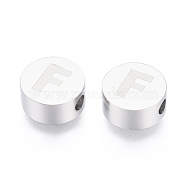 304 Stainless Steel Beads, Flat Round with Letter, Letter.F, 10x4.5mm, Hole: 2mm(STAS-I126-02P-F)