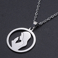 201 Stainless Steel Pendants Necklaces, with Cable Chains and Lobster Claw Clasps, Flat Round with Woman, Stainless Steel Color, 17.71 inch(45cm), 1.5mm(NJEW-S105-JN684-45-1)