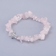 Natural Rose Quartz Beads Stretch Bracelets, with Brass Micro Pave Cubic Zirconia Beads, Chip and Cross, Platinum, 2-1/8 inch(5.3cm)~2-1/8 inch(5.5cm)(BJEW-JB03926-01)