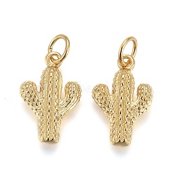 Brass Pendants, with Jump Rings, Long-Lasting Plated, Cactus, Real 18K Gold Plated, 13.5x9x3mm, Hole: 3mm(KK-F821-42G)