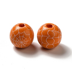 Halloween Printed Spider Webs Colored Wood European Beads, Large Hole Beads, Round, Orange, 16mm, Hole: 4mm(WOOD-K007-04H)