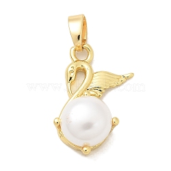 Rack Plating Brass Pendants, with ABS Imitation Pearl, Long-Lasting Plated, Lead Free & Cadmium Free, Real 18K Gold Plated, Swan, 19x12x7.5mm, Hole: 4.5x2.5mm(KK-K293-24H-G)