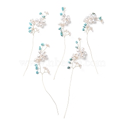 Glass Seeds Beads, Synthetic Turquoise Golden Brass Wire Wrapped Branch, ABS Imitation Pearl Flower Ornament, for DIY Wire Tree Sculpture, Beaded Bonsai Tree, 135~150x30~35x8~9mm(GLAA-K060-05G-03)