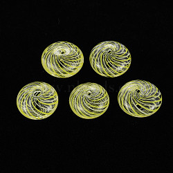 Transparent Handmade Blown Glass Globe Beads, Stripe Pattern, Flat Round, Yellow, 14~15x9mm, Hole: 1~2mm(GLAA-T012-18)