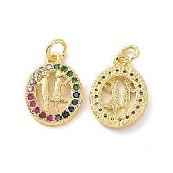 Brass Micro Pave Cubic Zirconia Pendants, with Jump Ring, Real 18K Gold Plated, Oval with Couple Charms, Colorful, 16.5x12x2.5mm, Jump Ring: 5x0.8mm, Inner Diameter: 3.2mm(KK-E068-VF145)
