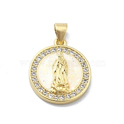 Brass Micro Pave Clear Cubic Zirconia Pendants, with Sythetic Opal, Flat Round, Real 18K Gold Plated, Goddess, 20x17.5x3.5mm, Hole: 4x3.5mm(KK-A221-28C-G)