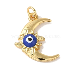 Rack Plating Brass Enamel Pendants, with Jump Ring, Cadmium Free & Lead Free, Long-Lasting Plated, Moon with Evil Eye Charm, Real 18K Gold Plated, 21x17x4mm, Hole: 3.5mm(KK-P267-20G)