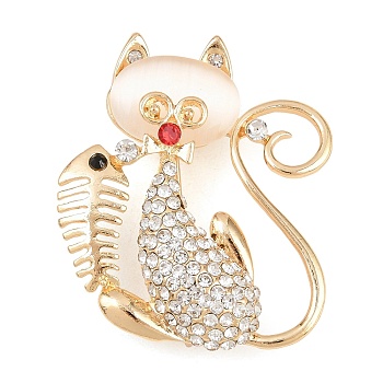 Resin Brooch, Alloy Rhinestone Lapel Pins for Backpack Clothes, Cat Shape with Fishbone, Golden, 44.5x37mm