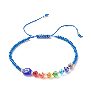 Flat Round Evil Eye Lampwork Braided Bead Bracelet, Glass Seed Beads Adjustable Bracelet for Women, Dodger Blue, Inner Diameter: 2-3/8~4-1/8 inch(5.9~10.4cm)