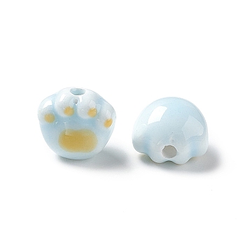 Handmade Printed Porcelain Beads, Cat Paw Prints, Light Sky Blue, 12x12x9mm, Hole: 2mm