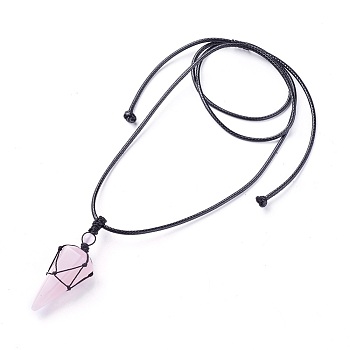 Natural Rose Quartz Pendants Necklaces, with Waxed Cord and Nylon Cord, Cone, 31.18 inch~33 inch(79.2~84cm), 1.5~2mm