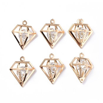 Rack Plating Light Gold Iron Pendants, with Clear Glass Rhinestone, Diamond Charm, Clear, 31x26x11mm, Hole: 2mm