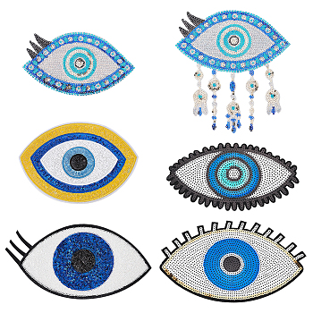 AHADEMAKER 6Pcs 6 Style Polyester Sequin Evil Eye Appliques, Iron on/Sew on Clothing Patches, Mixed Color, 93~136x161~237x1~1.5mm, 1pc/style