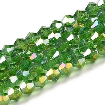 Transparent Electroplate Glass Beads Strands, AB Color Plated, Faceted, Bicone, Lime Green, 3x2.5mm, Hole: 0.7mm, about 162~185pcs/strand, 12.76~14.61 inch(32.4~37.1cm)