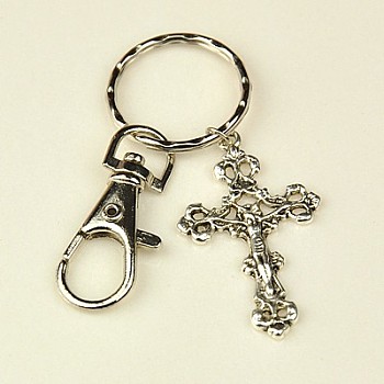 Tibetan Style Crucifix Cross Keychain, with Iron Key Clasp Findings and Alloy Swivel Clasps, For Easter, Antique Silver, 100mm