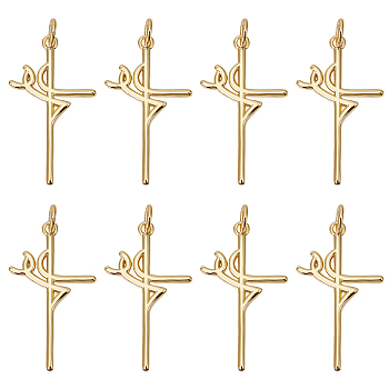 10Pcs Rack Plating Brass Pendants, with Jump Ring, Cadmium Free & Lead Free, Long-Lasting Plated, Faith Cross, Real 18K Gold Plated, 27x17x1.5mm, Jump Ring: 5x1mm, Inner Diameter: 3mm