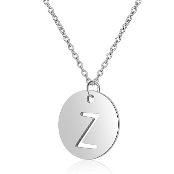 201 Stainless Steel Initial Pendants Necklaces, with Cable Chains, Flat Round with Letter, Stainless Steel Color, Letter.Z, 16.3 inch(40cm), 1mm