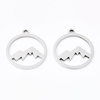 201 Stainless Steel Pendants, Laser Cut, Ring with Mountain, Stainless Steel Color, 17.5x15.5x1mm, Hole: 1.4mm