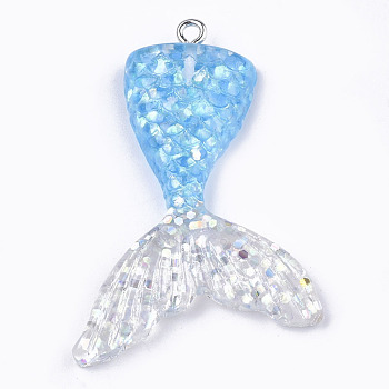 Resin Pendants, with Glitter Powder and Iron Findings, Mermaid Tail Shape, Platinum, Colorful, 46x30x6mm, Hole: 2mm