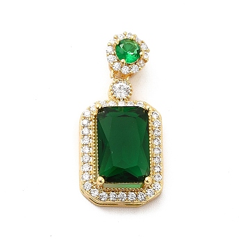 Brass Micro Pave Clear Cubic Zirconia Pendants, with Faceted Glass, Rectangle, Real 18K Gold Plated, Dark Green, 27mm, Hole: 4.5x2.5mm