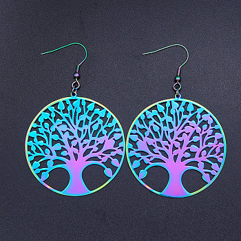 201 Stainless Steel Dangle Earrings, Tree of Life, Rainbow Color, 71x45mm, Pin: 0.7mm