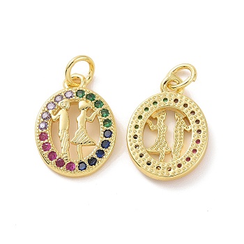 Brass Micro Pave Cubic Zirconia Pendants, with Jump Ring, Real 18K Gold Plated, Oval with Couple Charms, Colorful, 16.5x12x2.5mm, Jump Ring: 5x0.8mm, Inner Diameter: 3.2mm