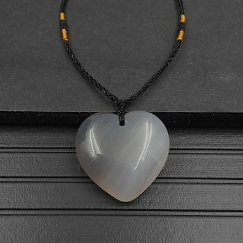 Natural Grey Agate Pendant Necklaces, Heart, 15.75~23.62 inch(40~60cm)