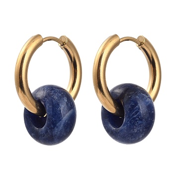 304 Stainless Steel Huggie Hoop Earrings, with 316 Surgical Stainless Steel Pin and Rondelle Natural Sodalite Beads, Golden, 25mm, Pin: 0.9mm