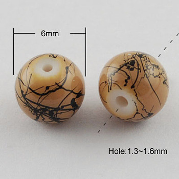 Drawbench Glass Bead Strands, Round, Camel, 6mm, Hole: 1.3~1.6mm, about 133pcs/strand, 31.4 inch