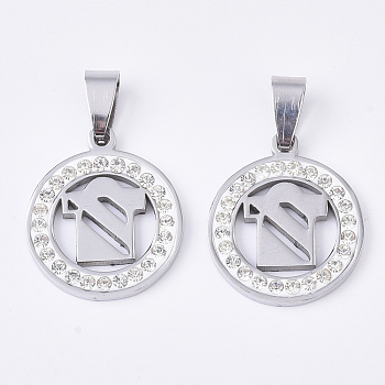 201 Stainless Steel Pendants, with Random Size Snap On Bails and Polymer Clay Crystal Rhinestones, Flat Round with T-Shirt, Stainless Steel Color, 23.5x20x3mm, Hole: 8~10x3~5mm