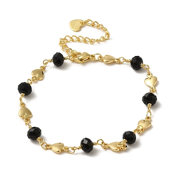 Brass Heart Link Chain Bracelets, with Black Facetd Glass Beads, Light Gold, 10-1/4 inch(26cm)