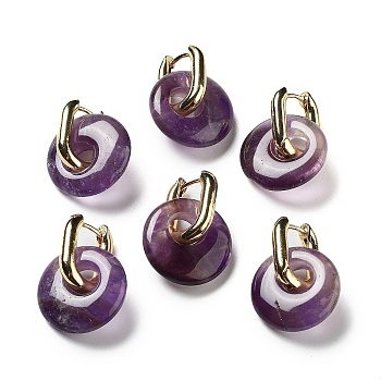 Rack Plating Brass Hoop Earrings, with Natural Amethyst, Long-Lasting Plated, Cadmium Free & Lead Free, Donut/Pi Disc, 27mm