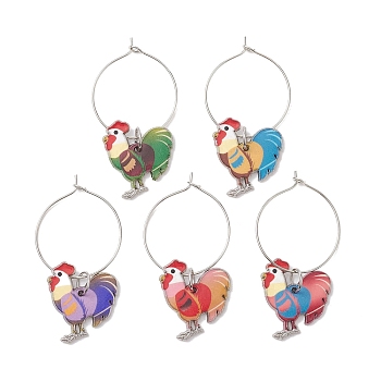 Alloy Enamel Wine Glass Charms Sets, with 304 Stainless Steel Hoop Earrings Findings, Rooster, Mixed Color, 47mm