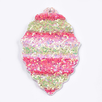 PU Leather Big Pendants, with Sequins, Leaf, Colorful, 60.5x36x2mm, Hole: 2mm