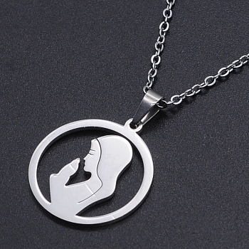 201 Stainless Steel Pendants Necklaces, with Cable Chains and Lobster Claw Clasps, Flat Round with Woman, Stainless Steel Color, 17.71 inch(45cm), 1.5mm