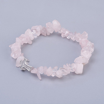 Natural Rose Quartz Beads Stretch Bracelets, with Brass Micro Pave Cubic Zirconia Beads, Chip and Cross, Platinum, 2-1/8 inch(5.3cm)~2-1/8 inch(5.5cm)