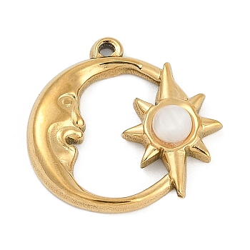 304 Stainless Steel Pave Natural White Shell Pendants, Moon Sun Charms, Ion Plating(IP), Real 18K Gold Plated, 19x20x4mm, Hole: 1mm